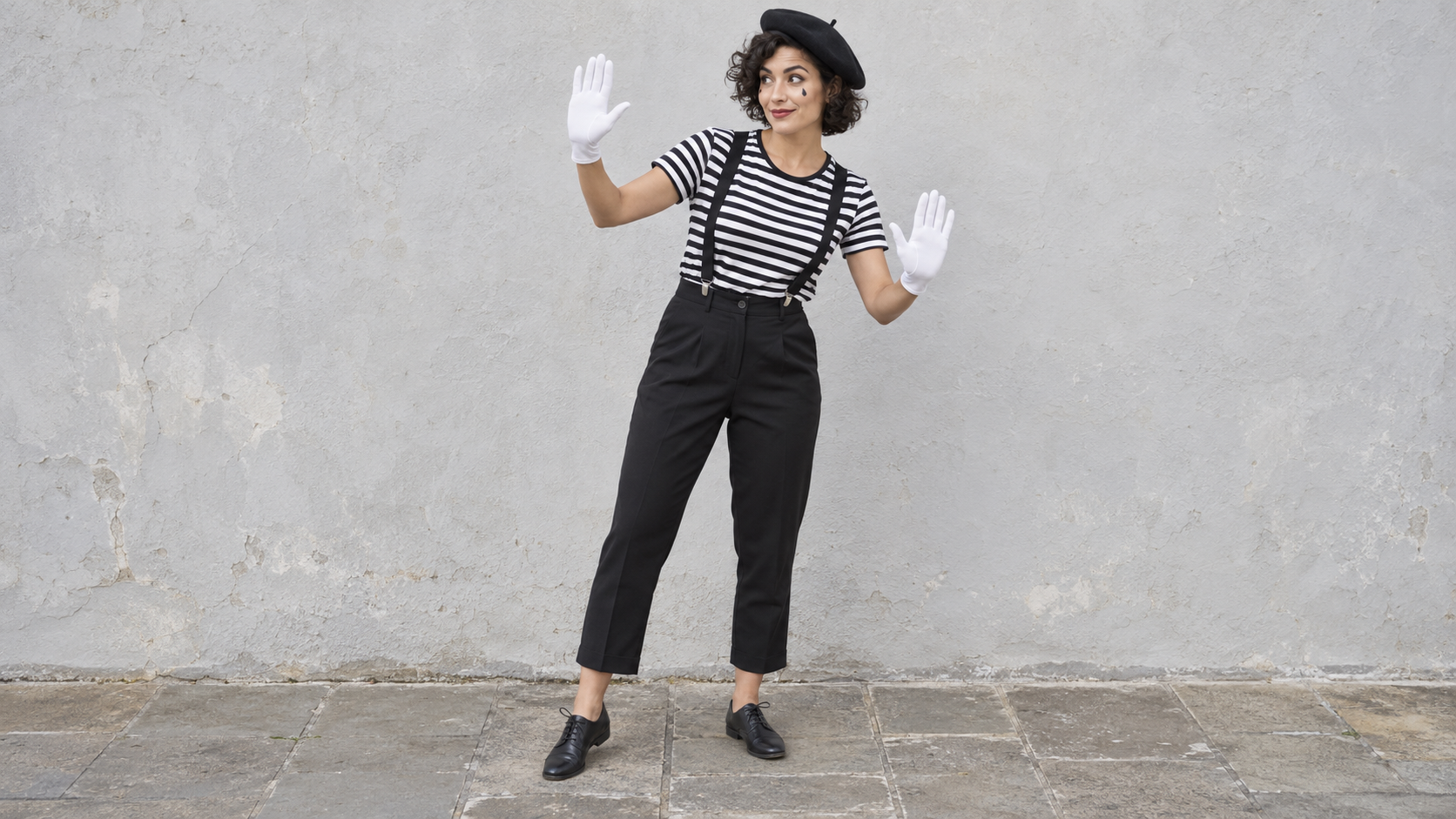 Black and White Striped Mime Costume with Beret and White Gloves